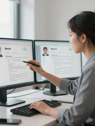 A professional HR specialist analyzing candidate resumes on a dual-monitor setup in a bright, modern office, clean daylight, focused composition.