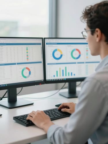 A medium close-up of a professional administrator in a bright modern office, working with a dual-monitor setup showing data analytics dashboards, clean daylight, professional atmosphere.