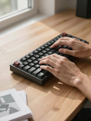 Close-up of hands resting on a mechanical keyboard on a minimal wood desk, a few printed reference pages visible at the edge, daylight from a side window casting a clean shadow, tight framing with the desk surface occupying the lower half of the frame