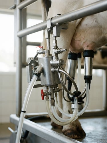 Close-up of a stainless steel milking cluster in a clean, modern dairy parlor, bright natural daylight, sharp focus on metallic valves, 35mm photography.