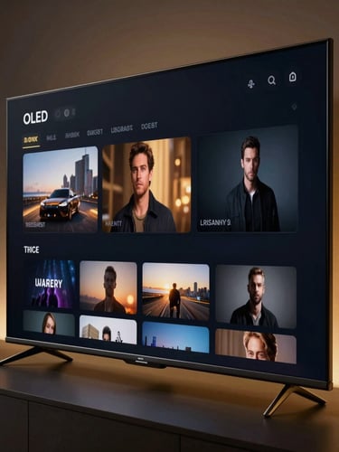 Extreme close-up of a bezel-less OLED TV screen displaying a sleek dark-mode media console UI with gold accents, low-key dramatic theater lighting, soft gold ambient backlighting, luxury home theater setting.