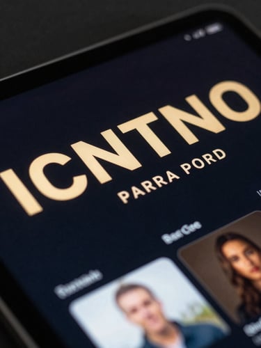 Extreme close-up of a premium tablet displaying a dark-mode entertainment interface with glowing gold highlights and crisp typography, dark background