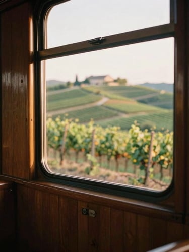 Close-up of a vintage wood-paneled train window framing a view of terraced Italian vineyards at golden hour, soft shadows, warm natural light, 35mm film aesthetic
