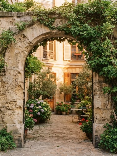Close-up of a weathered limestone archway leading into a sun-drenched private Parisian courtyard, soft golden-hour light, green ivy climbing the stone, 35mm film aesthetic