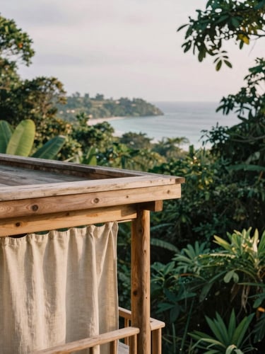 Intimate close-up of a luxury eco-villa made of raw timber and linen, nestled in a lush tropical jungle canopy overlooking a quiet bay, soft overcast daylight, organic textures, 35mm film aesthetic.