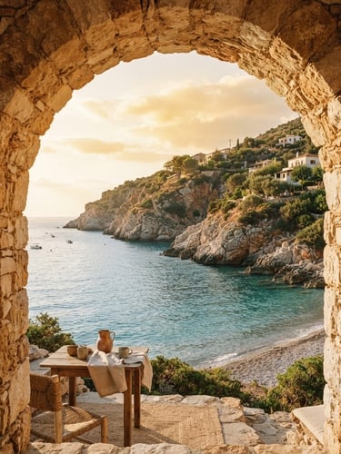 Sun-drenched stone archway overlooking a quiet Mediterranean cove, warm golden-hour light, organic textures of linen and stone, 35mm film aesthetic.
