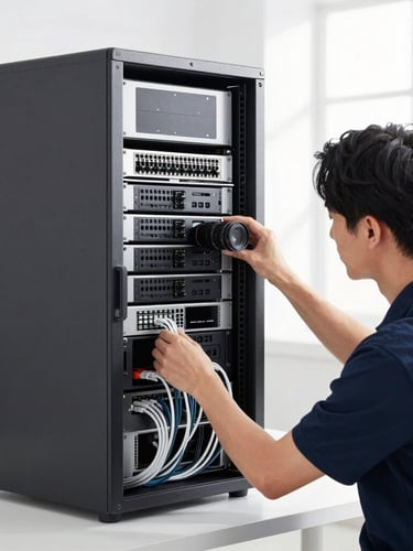 Systems engineer configuring a clean server rack, bright natural lighting, organized cables, professional workspace, sharp focus, 50mm lens