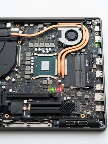 Macro shot of a high-end laptop motherboard, glowing indicator lights, clean white studio background, bright high-key lighting, sharp details, 50mm lens