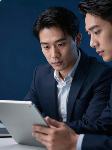 Medium close-up of two professional traders collaborating over a tablet in a modern cool-toned office, deep blue background, sharp focus