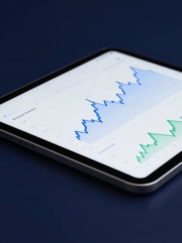 Sleek fintech close-up of a tablet showing clean financial charts, cool ambient studio lighting, deep midnight blue tones, sharp focus