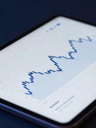 Sleek fintech close-up of financial charts on a tablet screen, cool ambient studio lighting, deep midnight blue and metallic silver tones, sharp focus