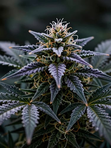 Macro photograph of a frosty, trichome-covered cannabis calyx with deep purple and forest green hues, dramatic side-lighting, high-end botanical editorial style.