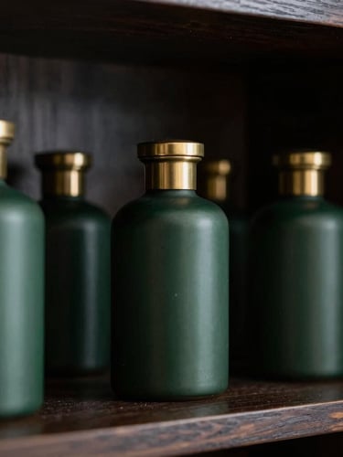Close-up of elegant dark green and brass apothecary jars on a dark wooden shelf, moody directional lighting, sophisticated botanical editorial style.