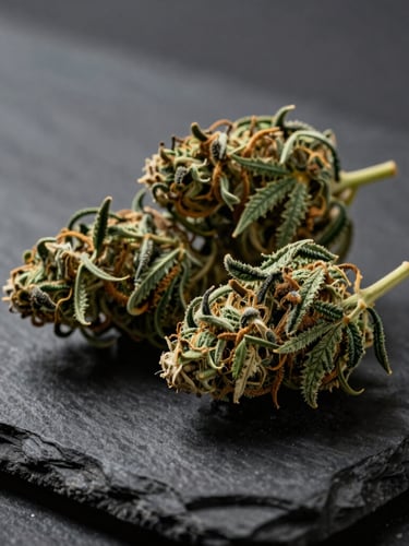 Close-up of cured cannabis flower buds resting on a dark slate stone surface, dramatic side-lighting with deep shadows, luxury botanical style