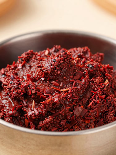 Macro shot of vibrant red achiote paste in a clean stainless steel container, soft natural daylight, shallow depth of field