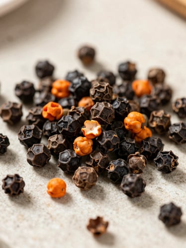 Overhead macro shot of vibrant whole black peppercorns and orange achiote seeds on a clean stone surface, soft warm natural daylight, shallow depth of field
