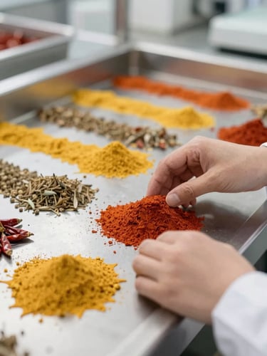 Hands of a quality specialist inspecting clean, whole spices on a stainless steel sorting table in a bright, modern food processing facility, soft focus