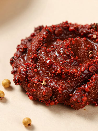 Macro shot of vibrant red achiote paste and whole golden peppercorns on a clean surface, soft natural daylight, warm tones, shallow depth of field