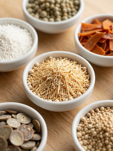 Overhead clean composition of bulk food ingredients in white ceramic bowls, warm natural daylight, soft shadows, professional culinary supply style