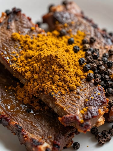 Overhead clean shot of traditional Costa Rican seasoned meats, vibrant achiote powder, whole black peppercorns, warm editorial daylight, shallow depth of field.