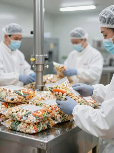Spotless stainless steel food manufacturing facility, clean industrial environment, professional staff in protective gear managing bulk packaging, bright soft natural light