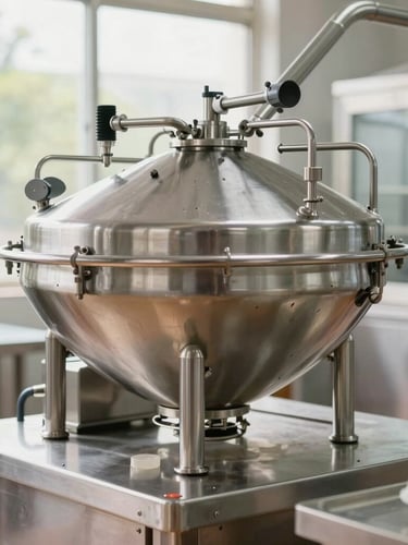 Spotless modern food processing plant stainless steel machinery, bright natural daylight, clean environment