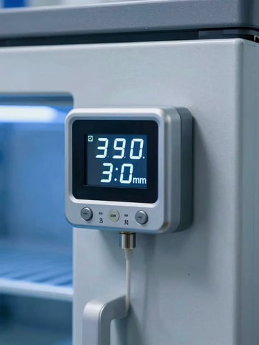 Macro shot of a sleek digital temperature sensor mounted on a stainless steel ultra-freezer, sterile blue light, sharp focus on LED display showing clinical telemetry, 35mm