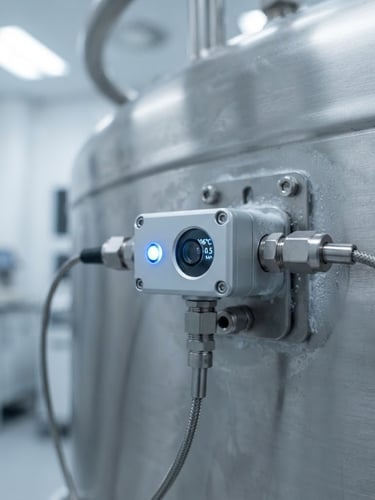 Macro shot of a sleek digital sensor node mounted on a stainless steel cryogenic tank, sterile blue indicator light active, cleanroom environment, 35mm clinical photography.