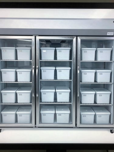 Orthographic screen display showing a clean 3D interactive model of laboratory freezer racks and storage boxes, sterile clinical aesthetic, sharp focus.