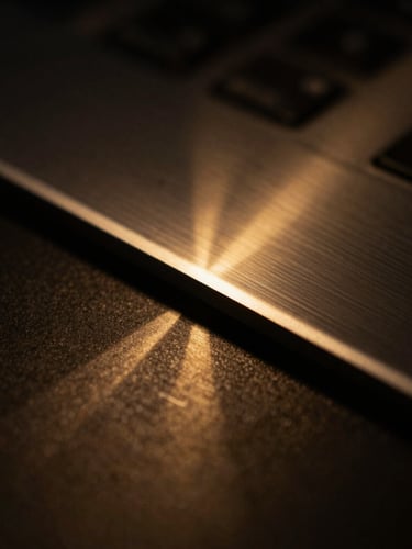 Macro close-up of a dark metallic workspace interface, soft gold radial glow reflecting off polished steel edges, low-key dramatic lighting, minimalist composition, 35mm photography