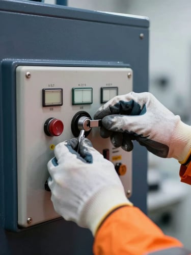 Close-up of an engineer's hands in safety gloves adjusting a control panel on a pulverizing machine, clean industrial lab background, focus on precision and technical expertise, high contrast, safety orange accents, 50mm lens.