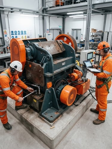 Wide shot of heavy-duty industrial jaw crusher in a clean, well-lit mine-site laboratory, engineers in safety gear performing calibration, focus on robust construction, high contrast, technical detail, safety orange accents, 50mm lens.