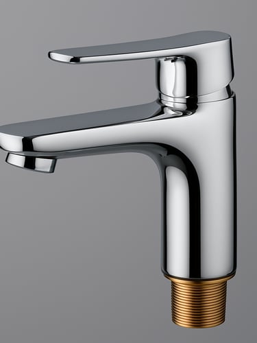 Sharp macro shot of a modern chrome water faucet, bright studio lighting with crisp metallic reflections, neutral grey background, detailed brass threads visible at the base, 50mm lens, sharp focus.