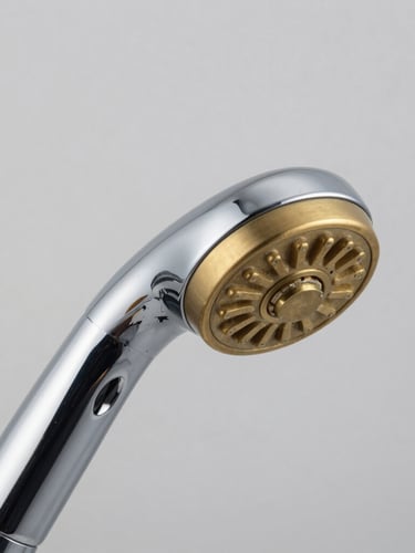 Sharp macro shot of a chrome-plated brass shower head, bright studio lighting with crisp metallic reflections, neutral grey background, sharp focus, 50mm lens
