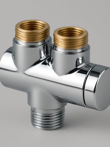 Detailed eye-level product photography of a dual-outlet shower system valve, showing brass internal threads and chrome finishing, bright studio lighting, neutral grey background