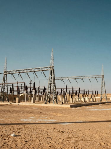 Wide panoramic shot of an electrical transmission substation in the MENA desert under intense shimmering midday sun, high contrast, deep shadows, cinematic scale.