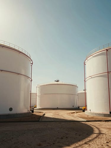 Cinematic wide shot of massive crude oil storage tanks under intense midday desert sun, deep shadows, high-contrast heat haze, clean industrial lines