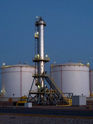 Cinematic twilight shot of an LNG storage facility in the MENA region, deep blue hour lighting, sharp metallic structures, dramatic high-contrast industrial scale