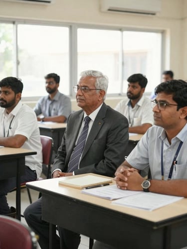 Dignified documentary shot of an educational program in Pune, active classroom setting with bright natural daylight, professional tone, 35mm lens