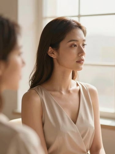Elegant woman in a quiet moment of reflection, soft golden-hour window light, muted champagne and blush tones, shallow depth of field, 35mm, an unhurried consultation setting