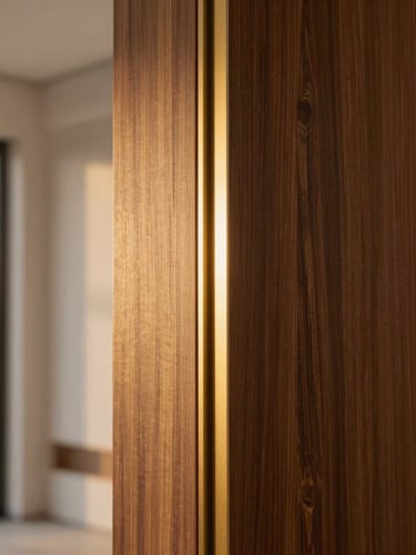 Close-up architectural shot of a luxury WPC door edge, showcasing the rich wood-grain polymer texture and seamless golden metal inlay, warm side lighting, premium craftsmanship