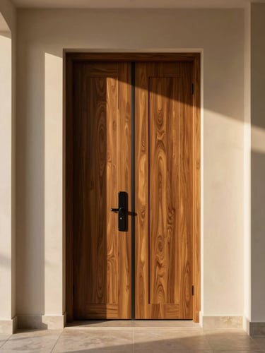 Straight-on architectural photography of a towering luxury interior door, rich wood-grain polymer texture, warm golden-hour light casting long shadows in a minimalist Saudi villa hallway.