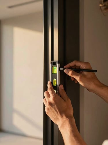 Close-up of professional hands using a precision level tool on a sleek dark door frame, warm interior lighting, focused and clean craftsmanship.