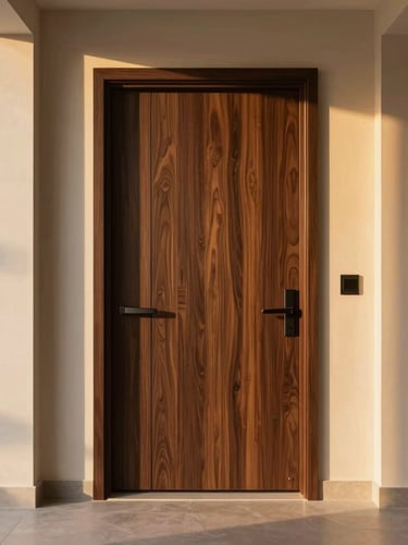 Straight-on architectural elevation of a modern dark-wood WPC door installed in a luxury Saudi villa hallway, warm golden-hour light casting soft shadows, minimalist interior design.