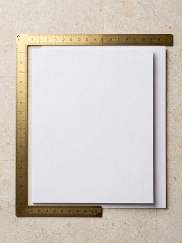 Minimalist flat-lay of professional graphic design tools, brass rulers, and premium paper stock on a warm stone surface, soft natural side-light, 50mm lens