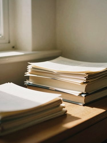Warm editorial photography of a quiet library corner with stacked manuscripts on a wooden writing desk, soft directional window daylight casting deep shadows, rich cream tones, shallow depth of field, 35mm film.