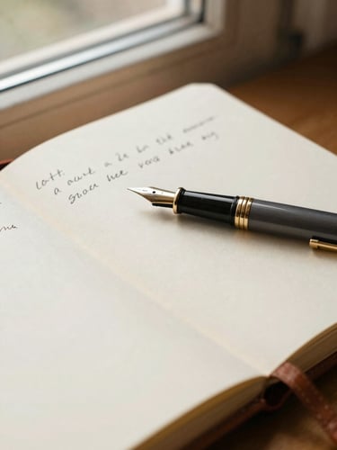 Tight macro shot of an open leather journal showing hand-written ink notes, a classic fountain pen resting on cream paper, warm soft window light, shallow depth of field