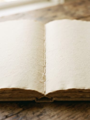 Close-up of an open book showing heavy cream paper texture, soft window daylight, rich cream tones, shallow depth of field, 35mm film.
