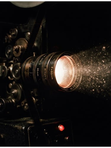 Extreme close-up of a vintage 35mm film projector lens glowing with high-contrast light in a pitch-black projection room, cinematic dust motes, deep shadows, 35mm grain