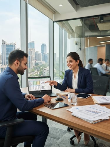 Wide shot of two Indian Chartered Accountants collaborating over a laptop in a modern, bright office, organized financial documents on the desk, Gurugram cityscape visible through a large window, bright natural office light, clean corporate navy and warm tones, sharp focus, 35mm.